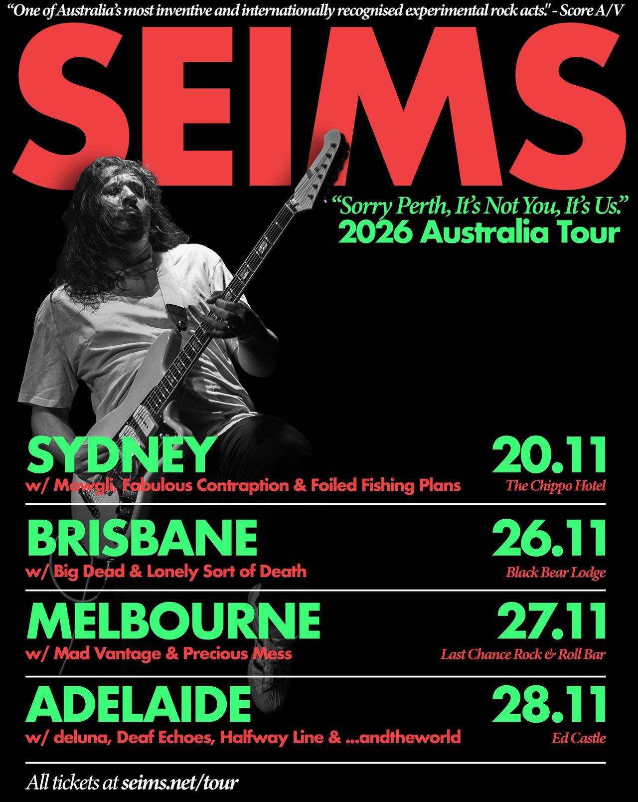 SEIMS 2026 Australia Tour poster listing concert dates for Sydney, Brisbane, Melbourne, and Adelaide.